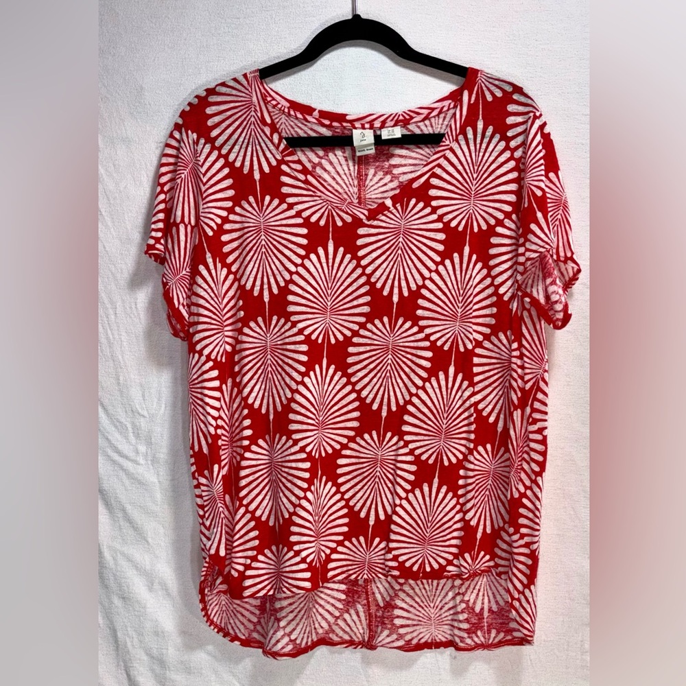 Joie Red 100% Linen Cap Sleeve Blouse with White Palm Leaves Womens 1X